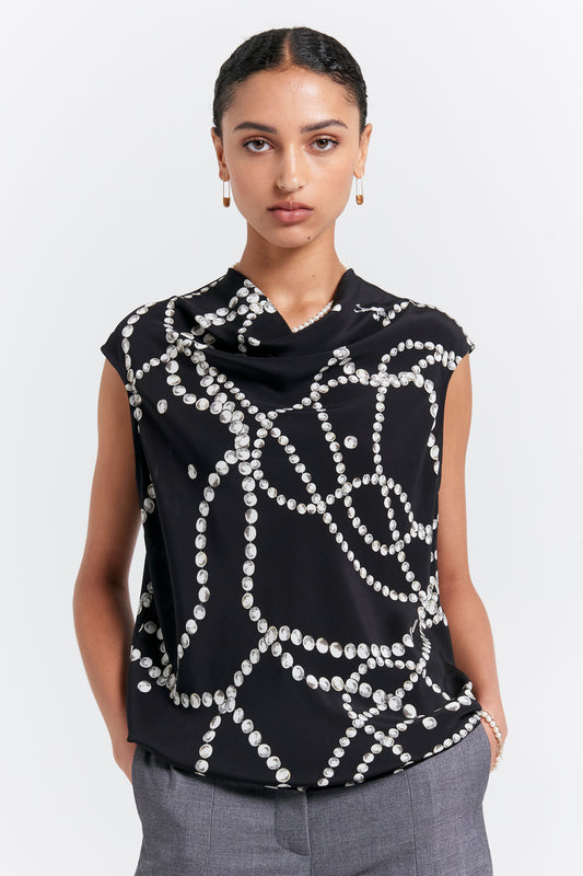 Runaway Pearls Cowl Top Black