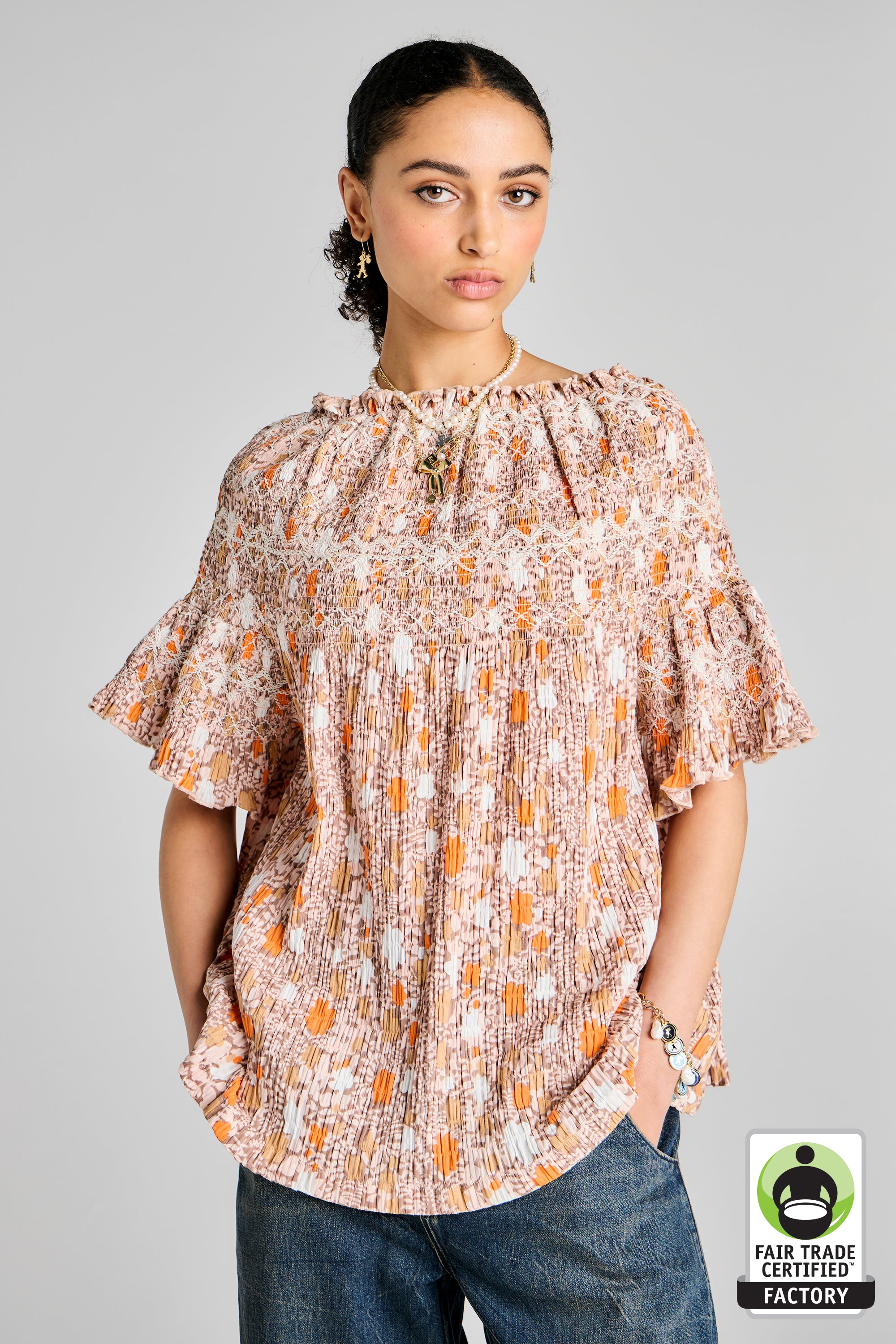 【新品】Bonjour Smocked Blouse 4Y Bonjour / EMBROIDERED TUNIC(2Y,4Y,6Y) + HAIR CLIP / BJ57-SS26