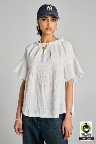 Theia Smocked Blouse Off-White/White Smocking