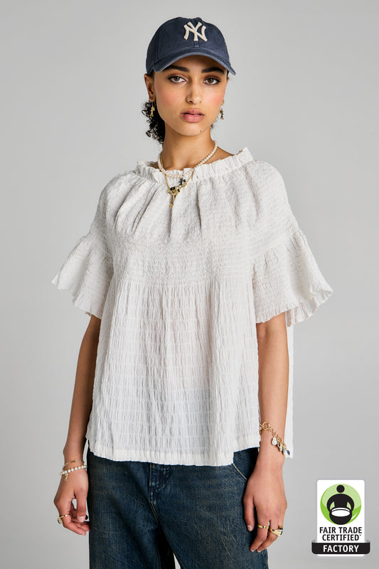 Theia Smocked Blouse Off-White/White Smocking