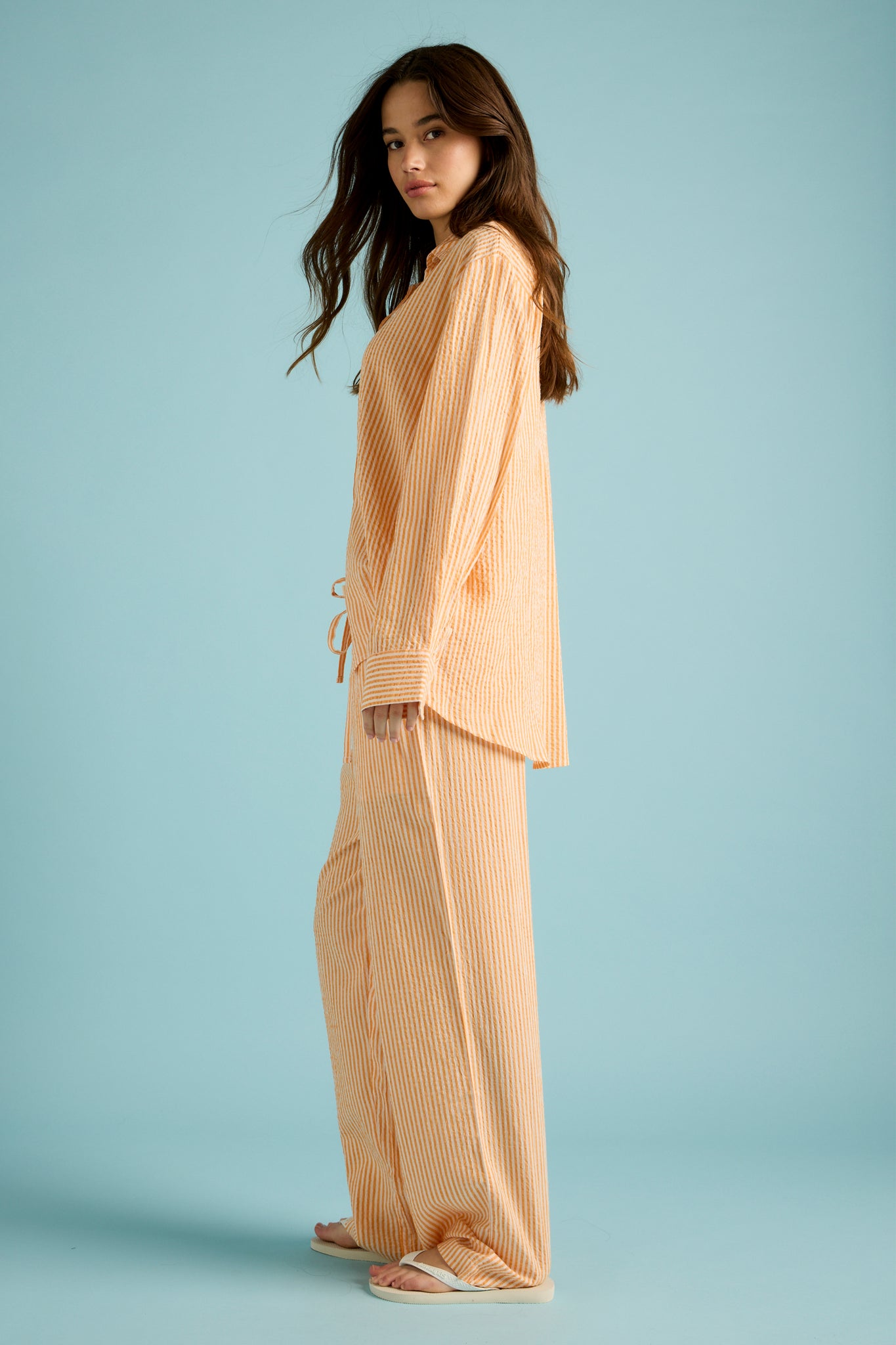 Seersucker Stripe Full Length PJ Set Orange/Cream