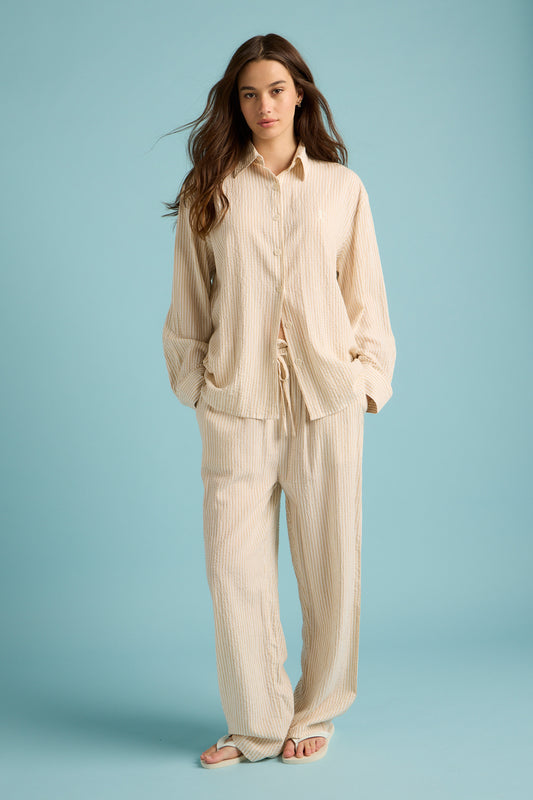 Seersucker Stripe Full Length PJ Set Pepper/Cream