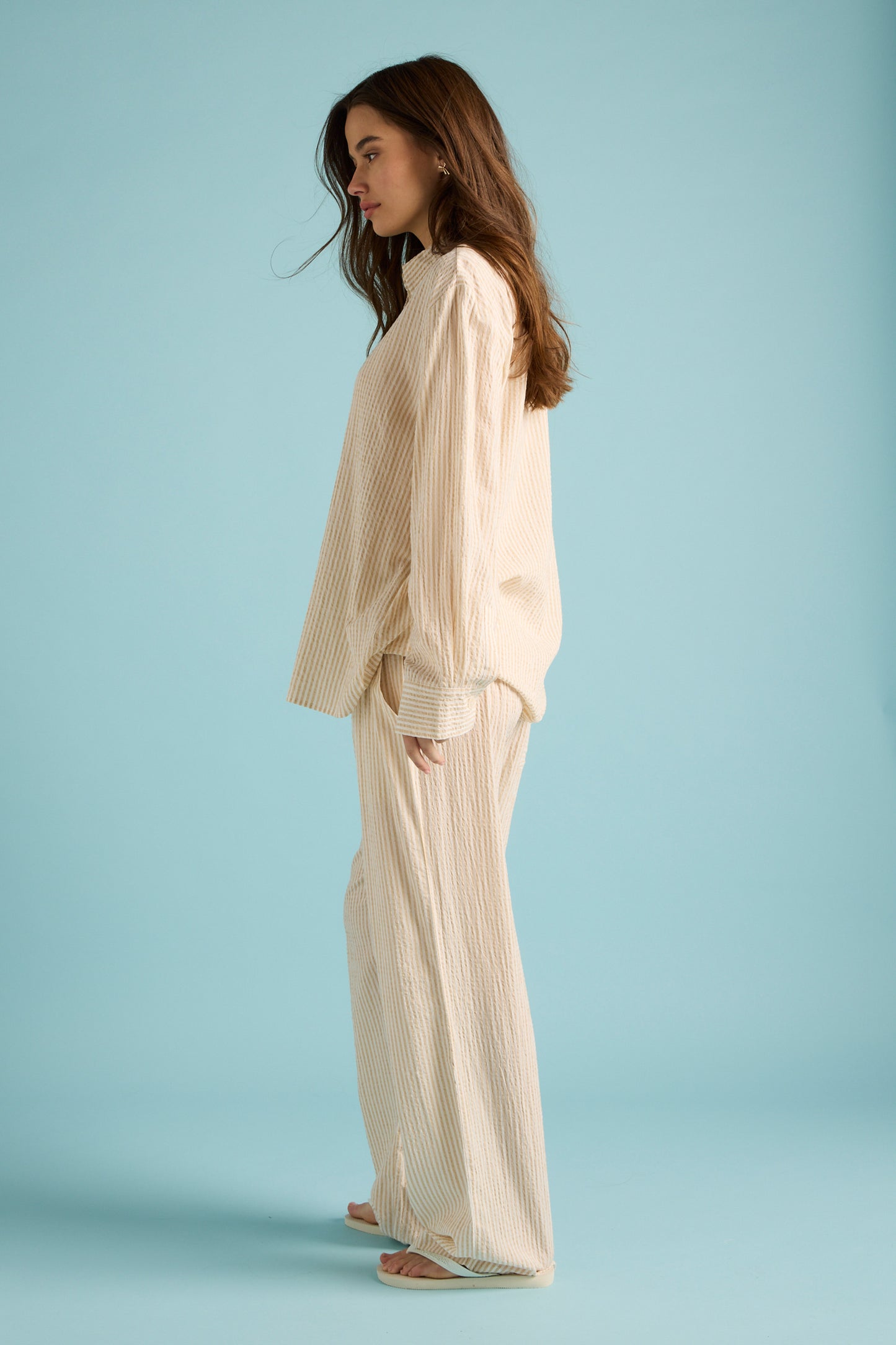 Seersucker Stripe Full Length PJ Set Pepper/Cream