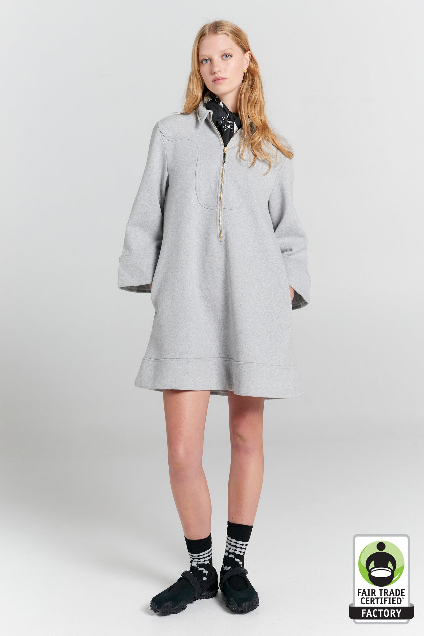 Zip Front Sweatshirt Dress Grey Marle