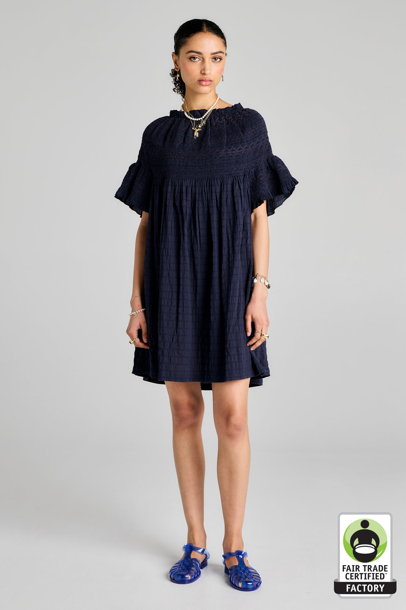 Theia Smocked Mini Dress Navy/Navy Smocking