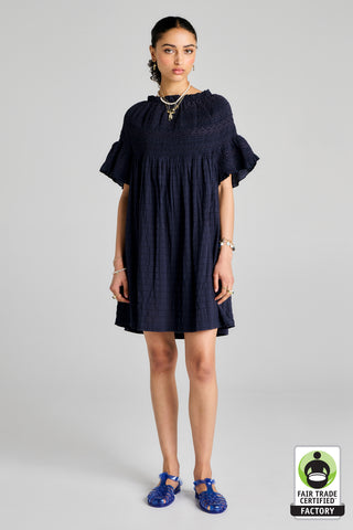 Theia Smocked Mini Dress Navy/Navy Smocking