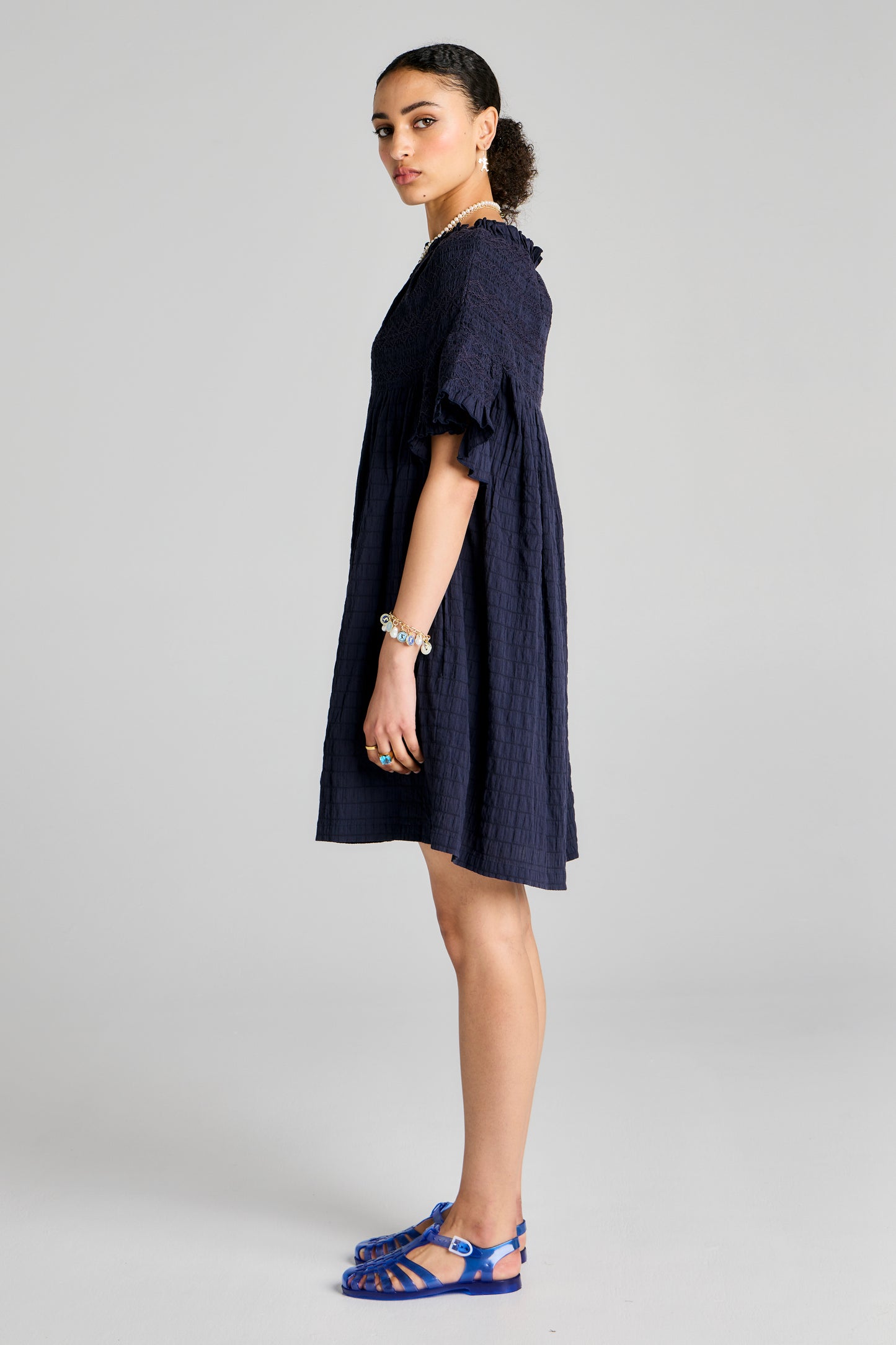 Theia Smocked Mini Dress Navy/Navy Smocking