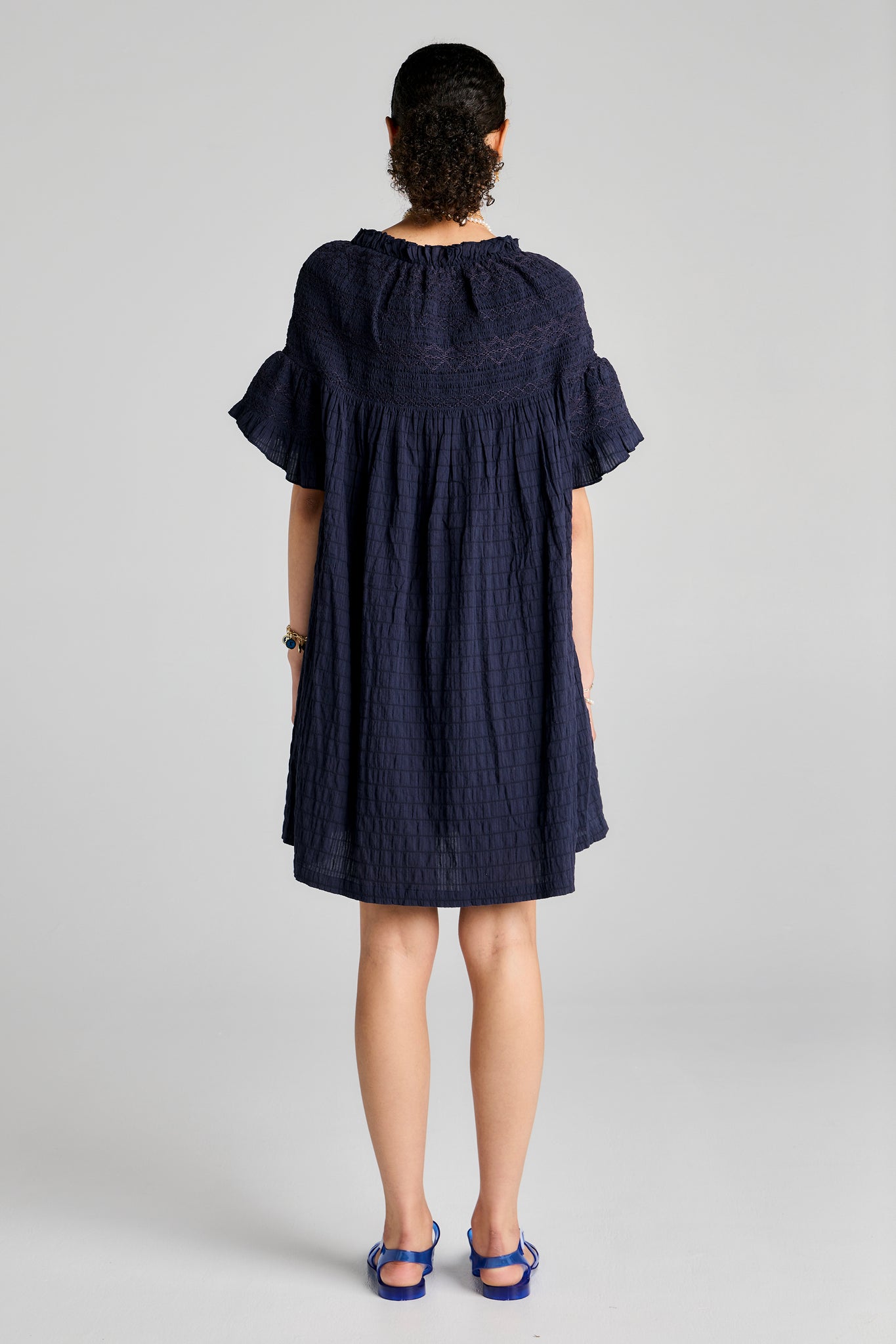 Theia Smocked Mini Dress Navy/Navy Smocking