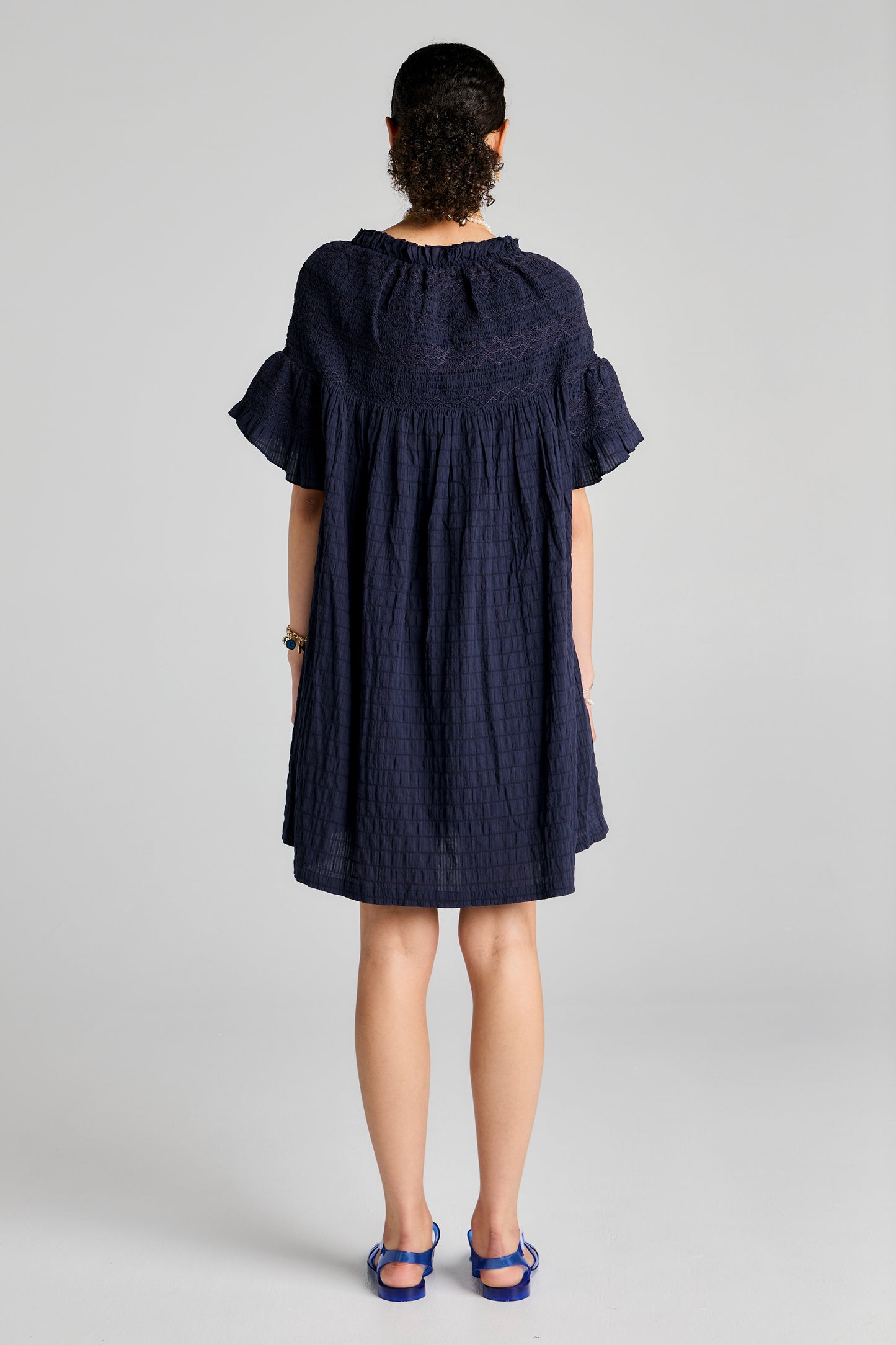 Theia Smocked Mini Dress Navy/Navy Smocking