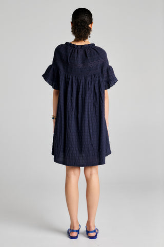 Theia Smocked Mini Dress Navy/Navy Smocking