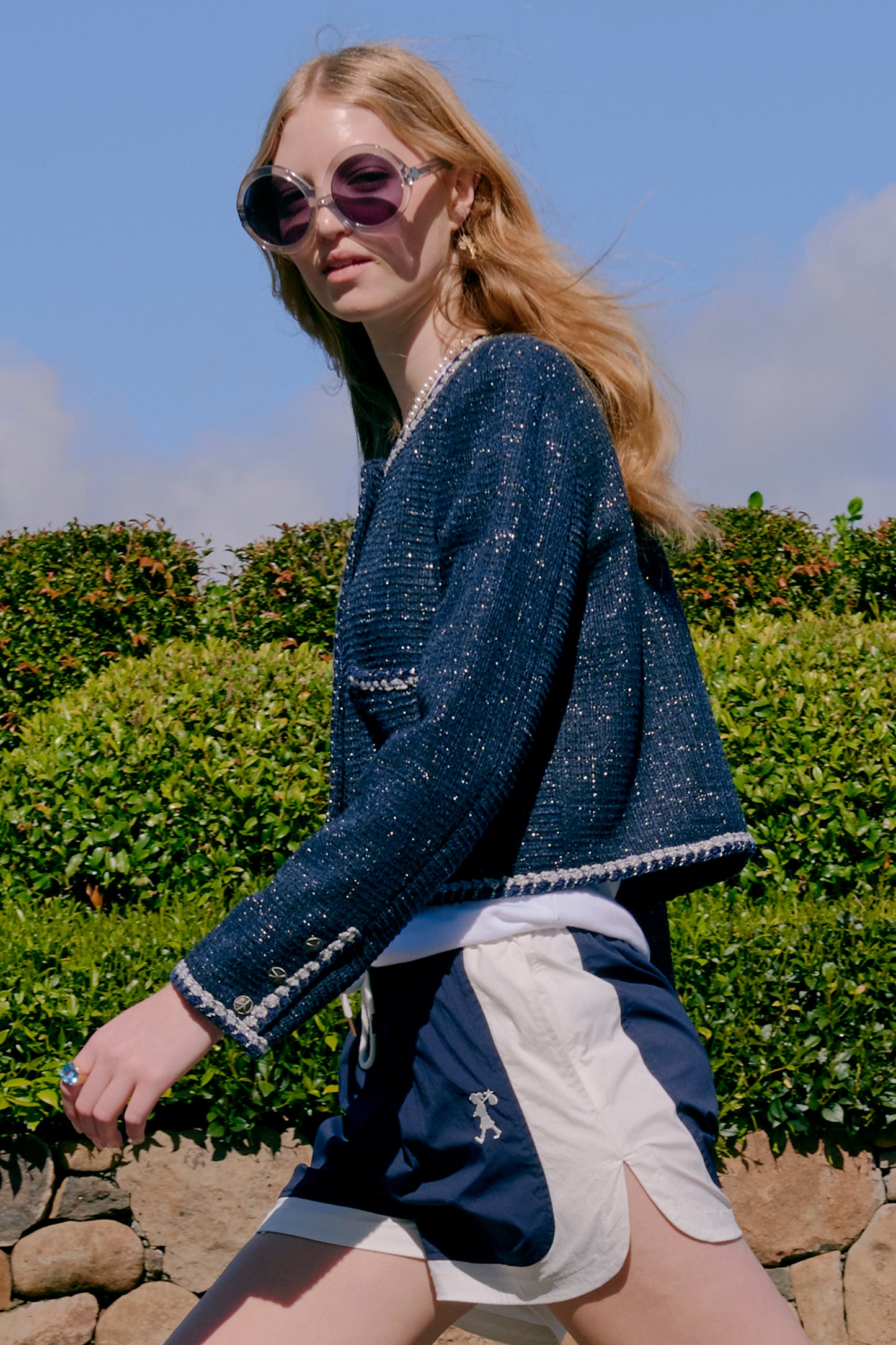 Cropped Bouclé Jacket Navy