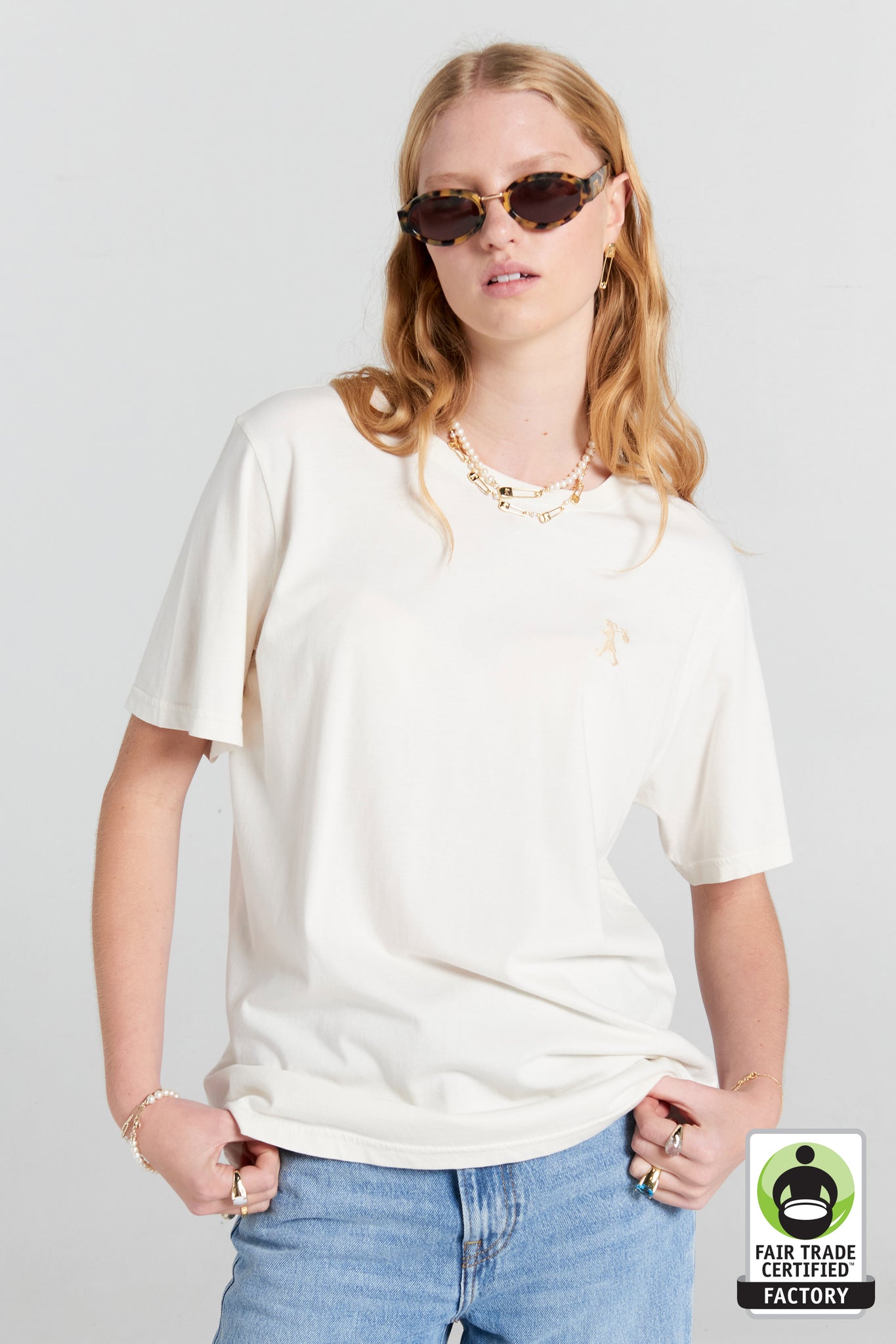 Embroidered Runaway Girl Classic Organic Cotton T-Shirt Ecru