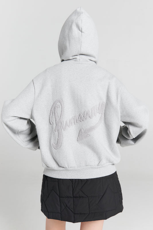 Runaway Scrawl Cropped Oversized Hoodie Grey Marle
