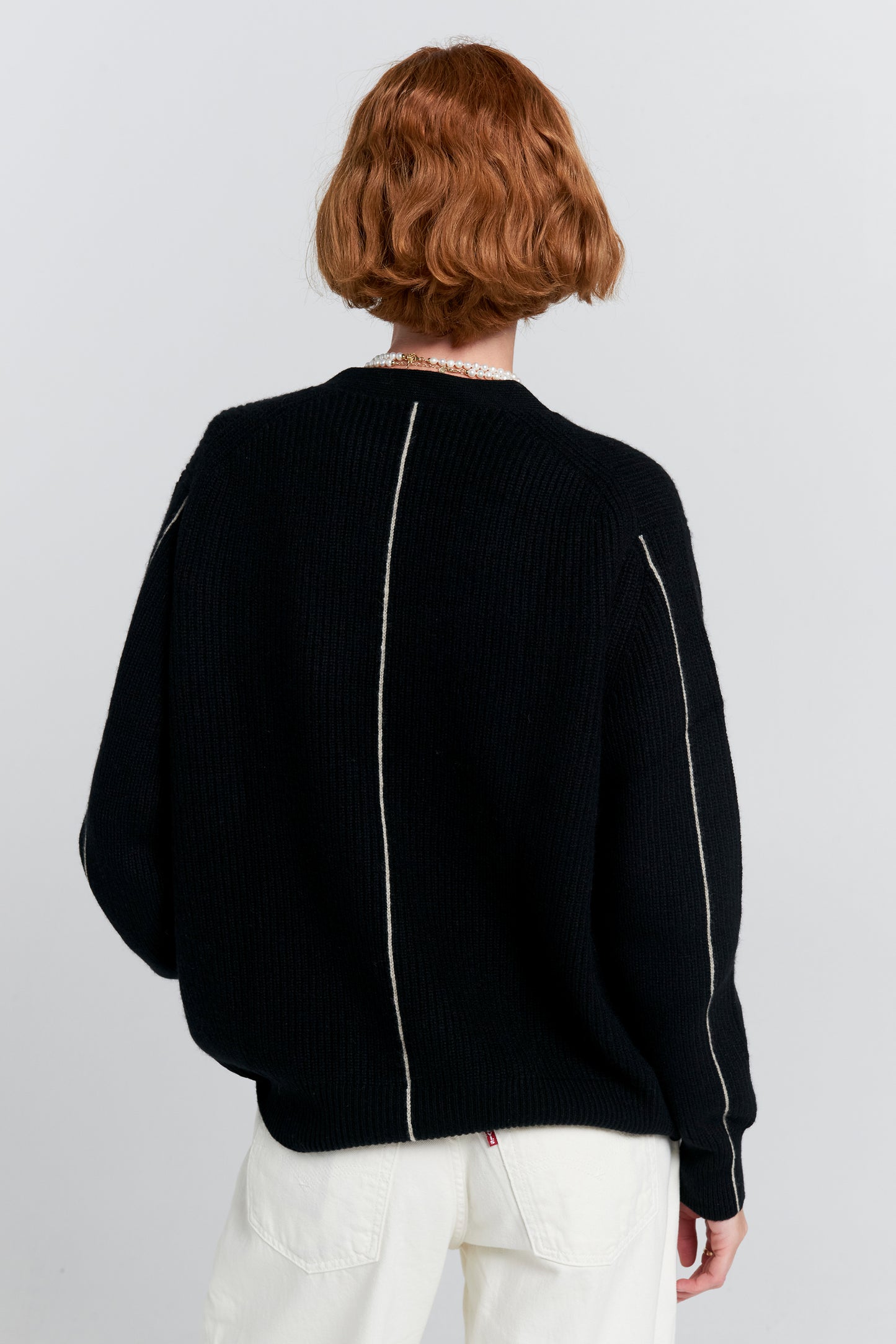 Bessie Cashmere Cardigan Black with Cream Stripe