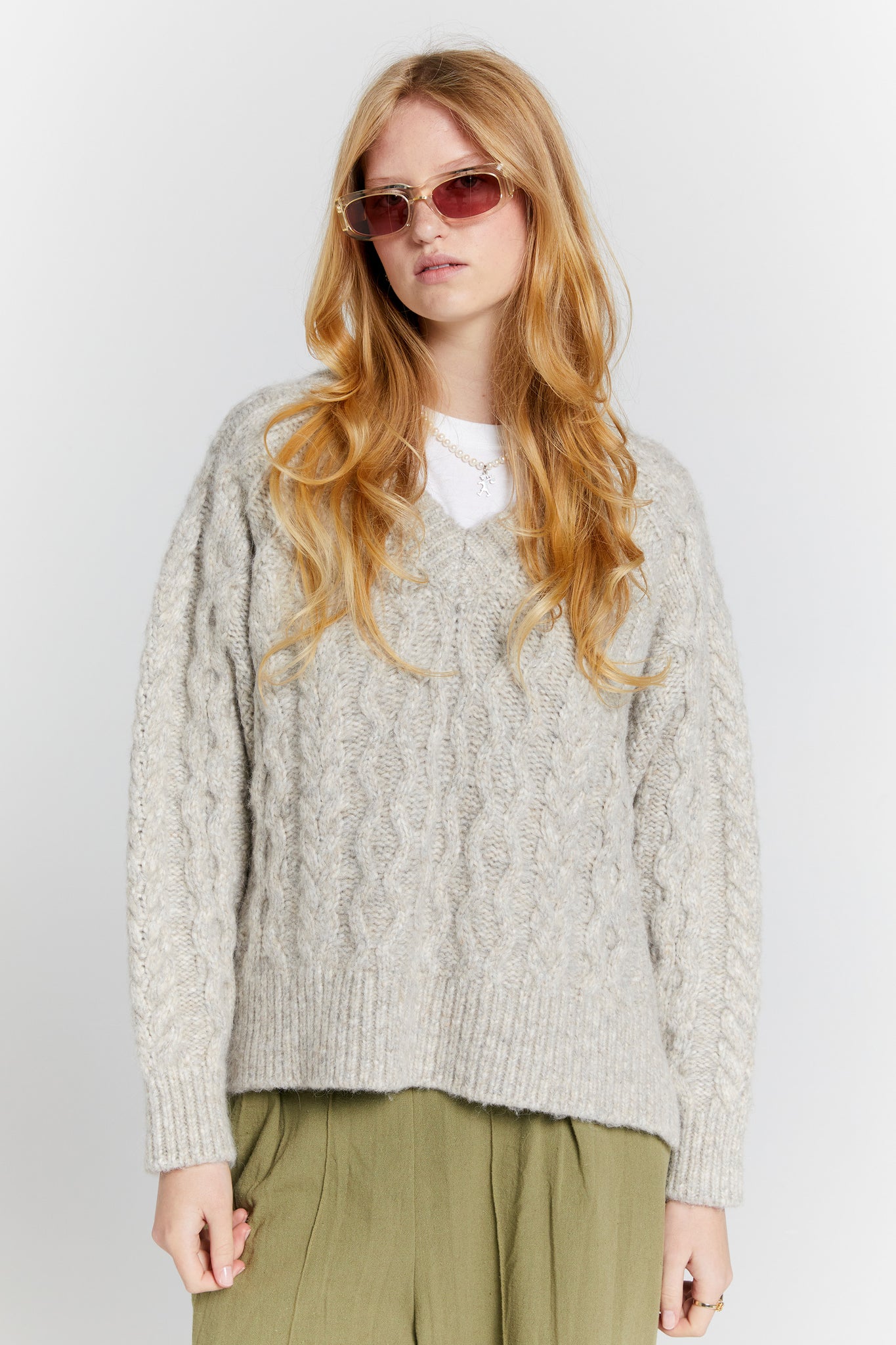 Cable Knit V Neck Sweater Driftwood