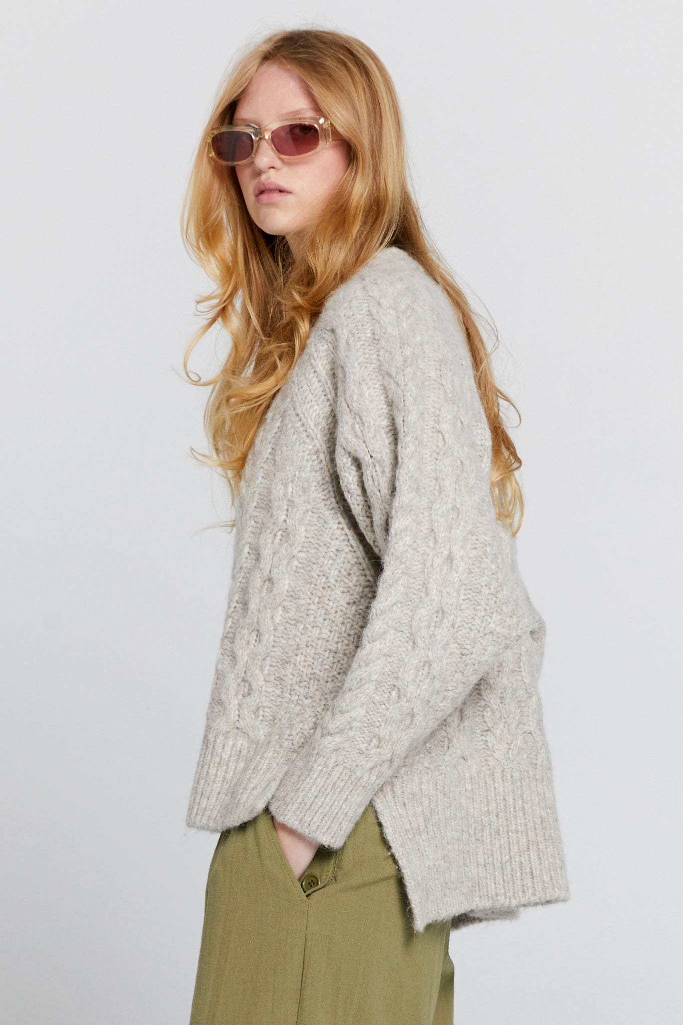 Cable Knit V Neck Sweater Driftwood