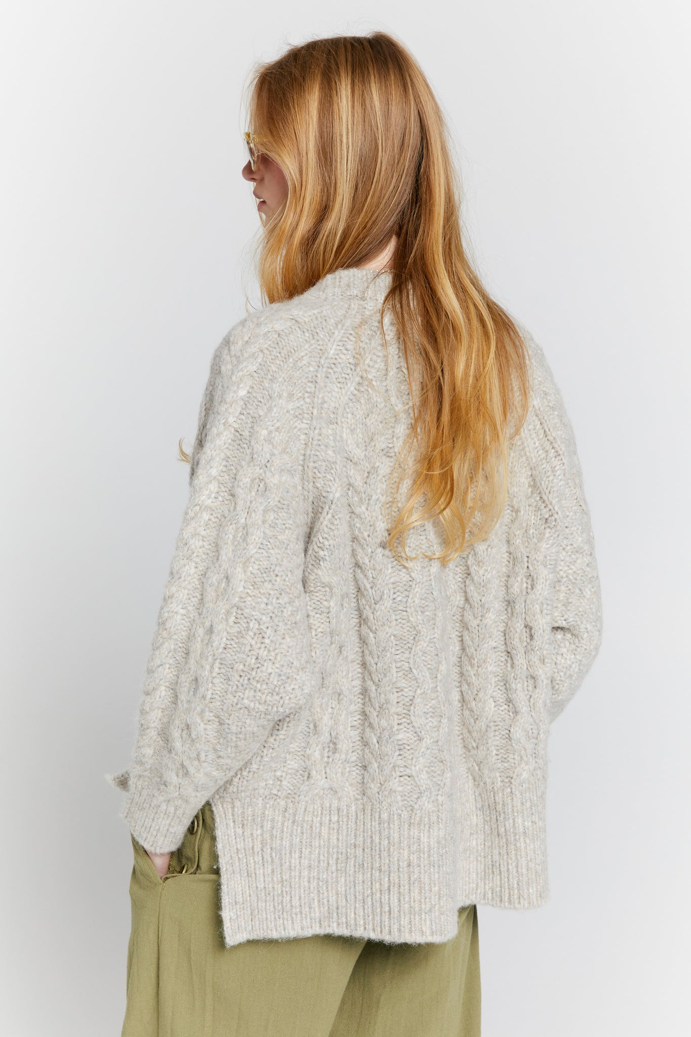 Cable Knit V Neck Sweater Driftwood