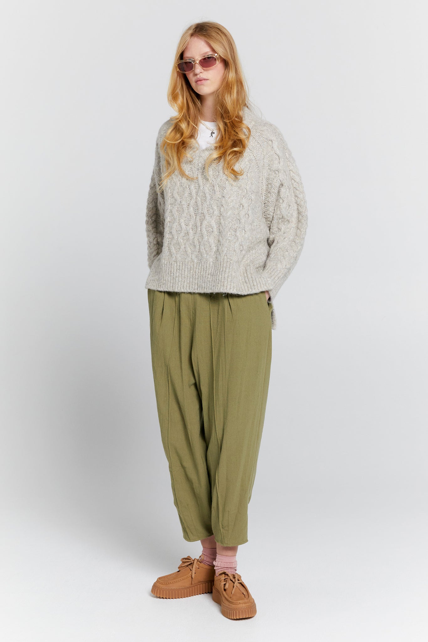 Cable Knit V Neck Sweater Driftwood