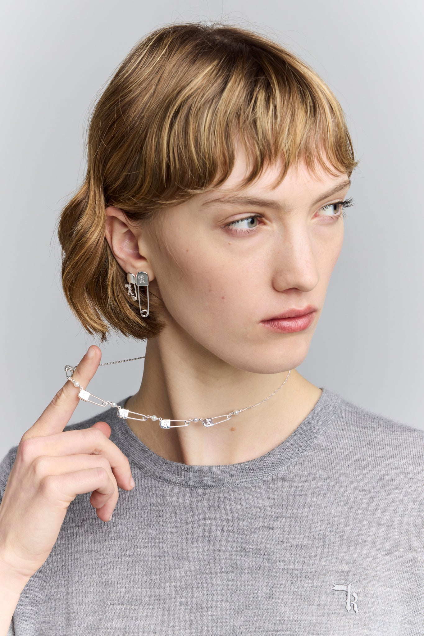 Runaway Safety Pin Chain Necklace with Freshwater Pearls Silver