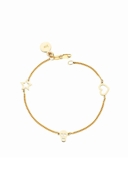 Mini Charm Bracelet with Skull/Star/Heart Charms Gold