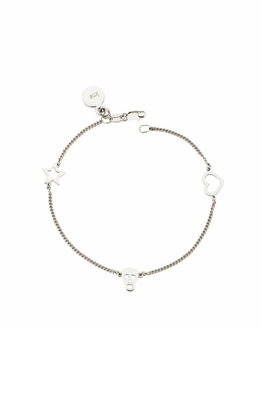Mini Charm Bracelet with Skull/Star/Heart Charms Silver