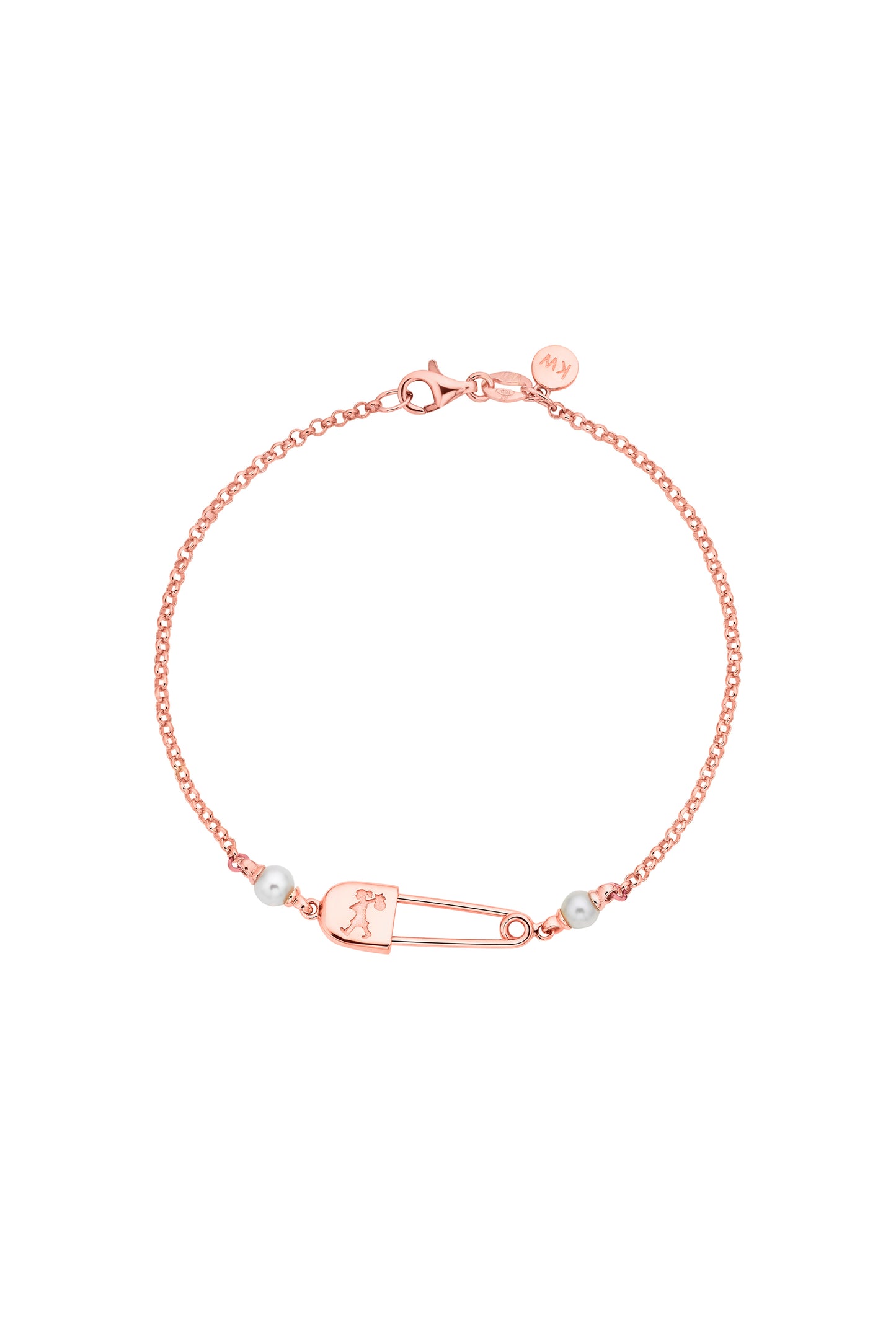 Runaway Safety Pin Bracelet with 2 x 4mm Freshwater Pearls Rose Gold