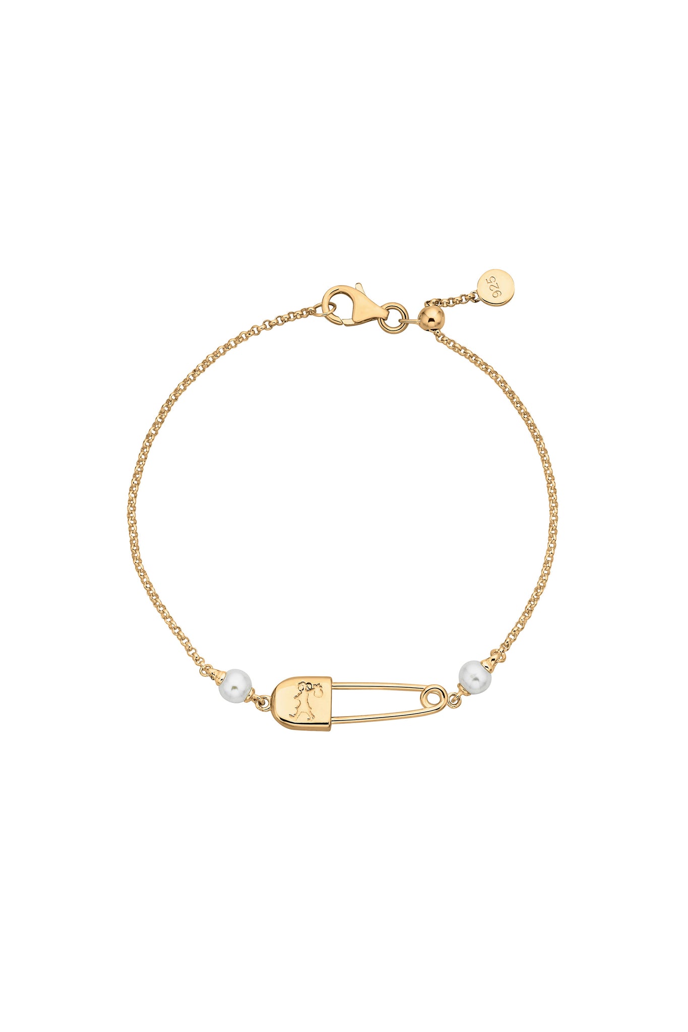Runaway Safety Pin Bracelet with 2 x 4mm Freshwater Pearls Gold-Plated