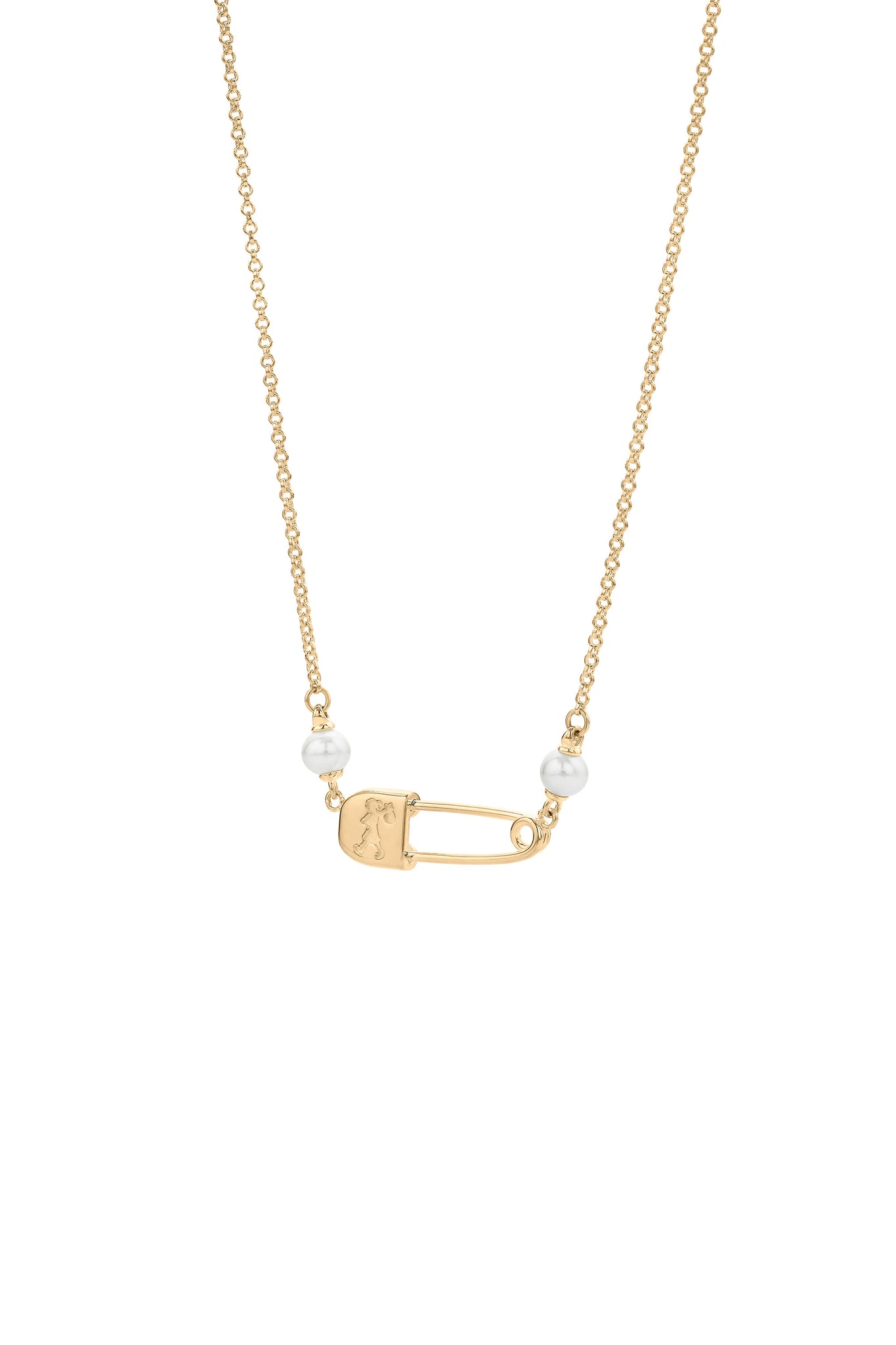 Runaway Safety Pin Necklace with 2 x 4mm Freshwater Pearls Gold