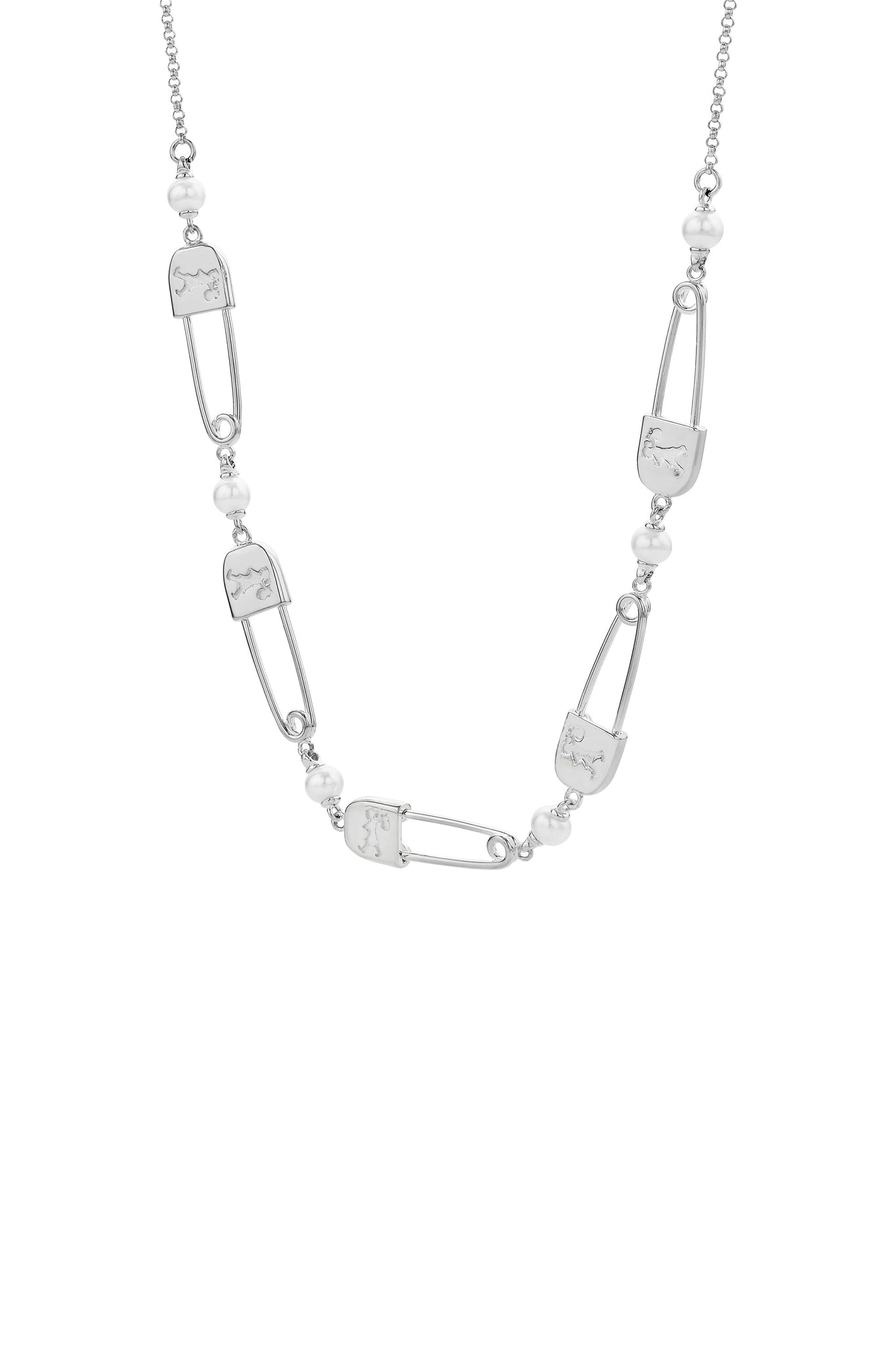 Runaway Safety Pin Chain Necklace with Freshwater Pearls Silver