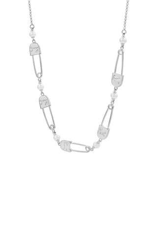 Runaway Safety Pin Chain Necklace with Freshwater Pearls Silver