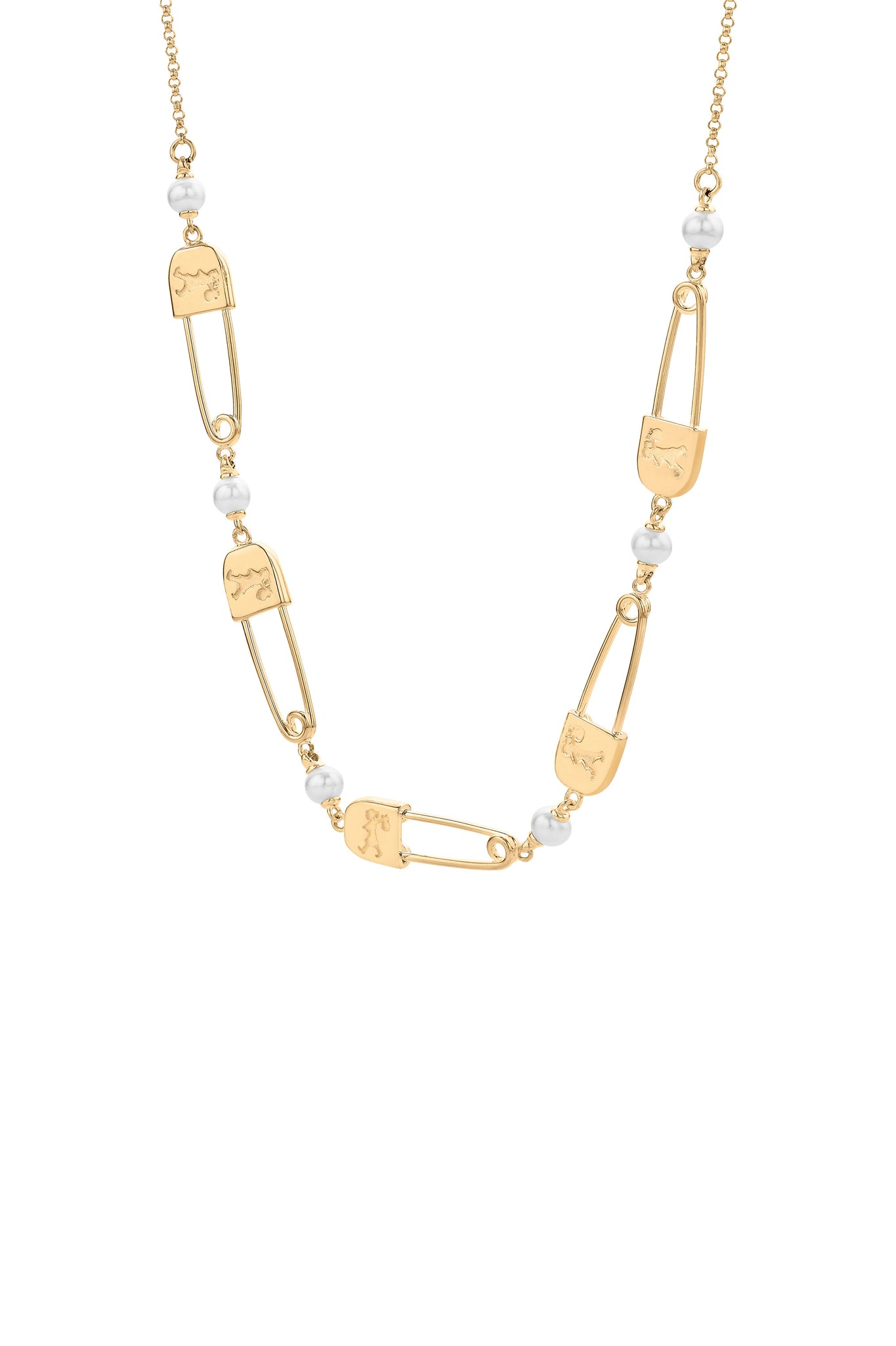 Runaway Safety Pin Chain Necklace with Freshwater Pearls Gold-Plated