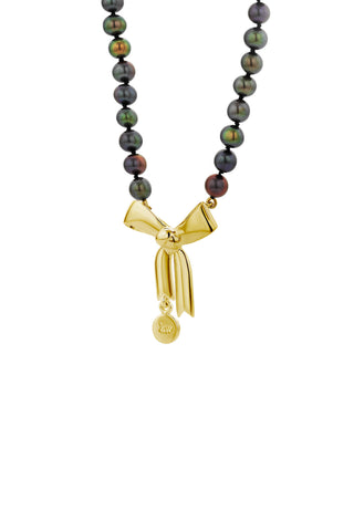 Bow & Pearls Necklace with Dyed Pearls Gold