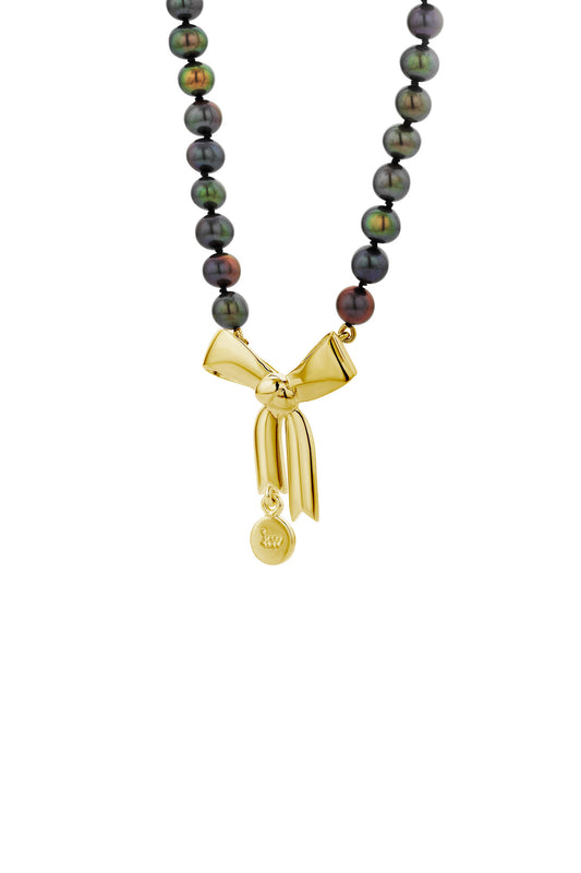 Bow & Pearls Necklace with Dyed Pearls Gold