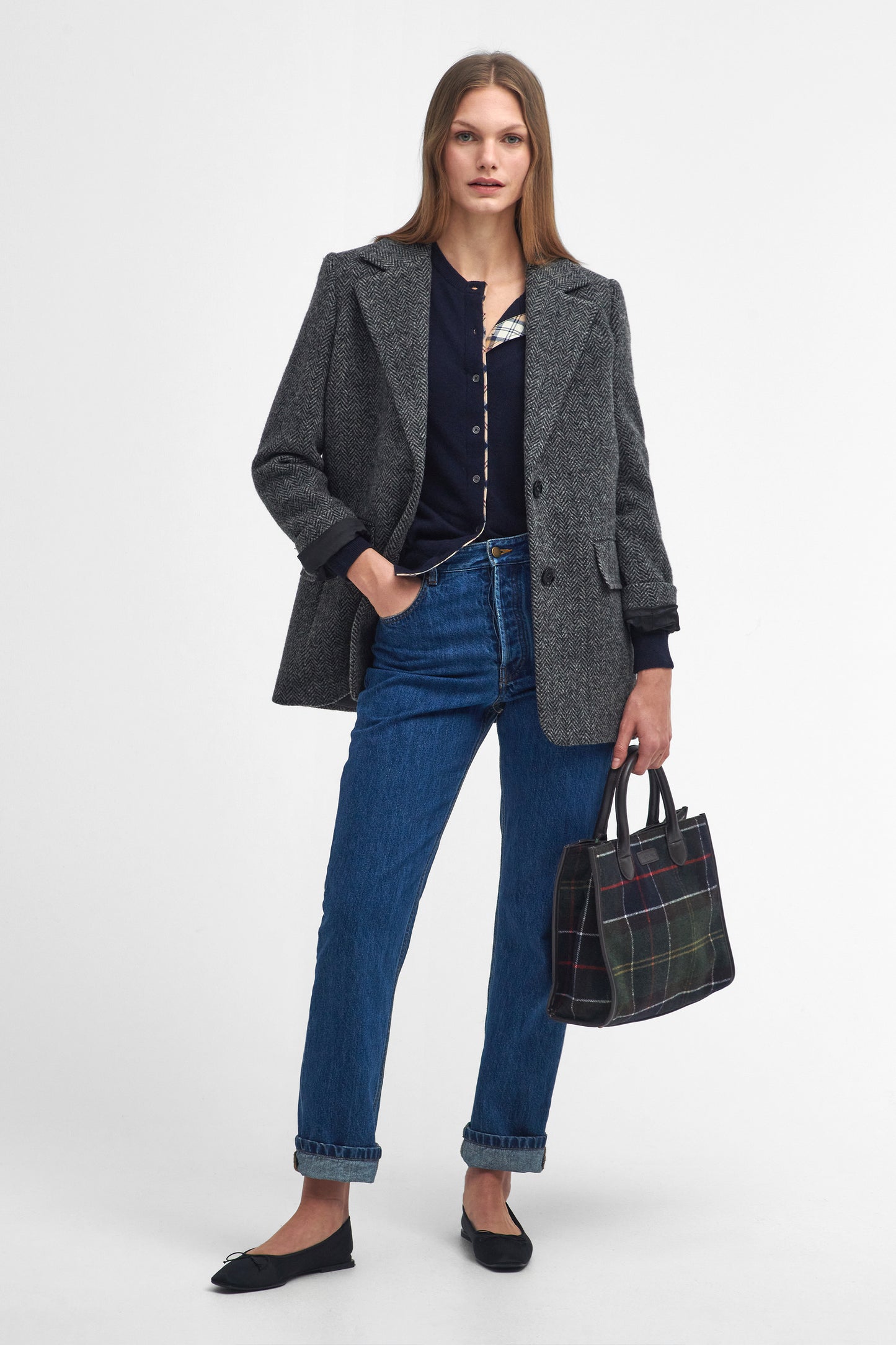 Pendle Knitted Cardigan Navy/Hessian Tartan