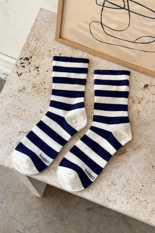 Wally Socks Wide Navy Stripe
