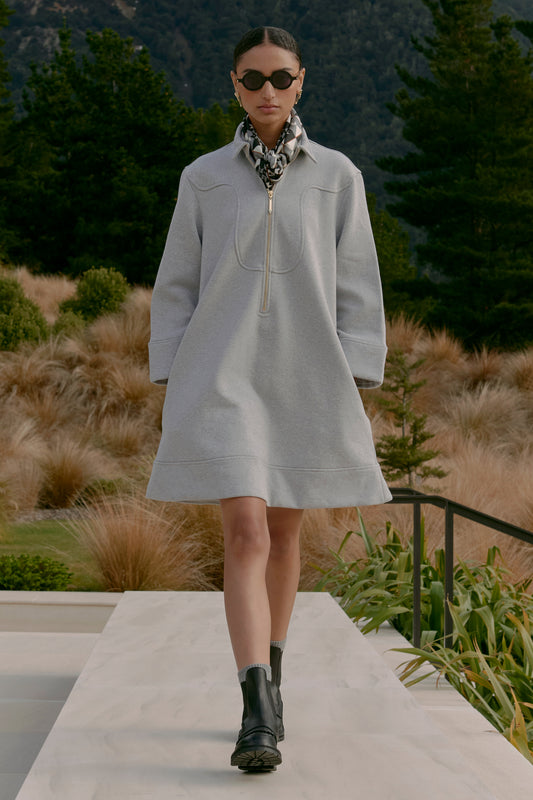Zip Front Sweatshirt Dress Grey Marle