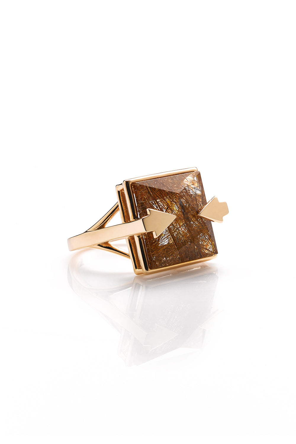 Ballistic Ring with 14mm Square Rutilated Quartz Gold