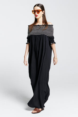Gaia Smocked Dress Black/Off-White