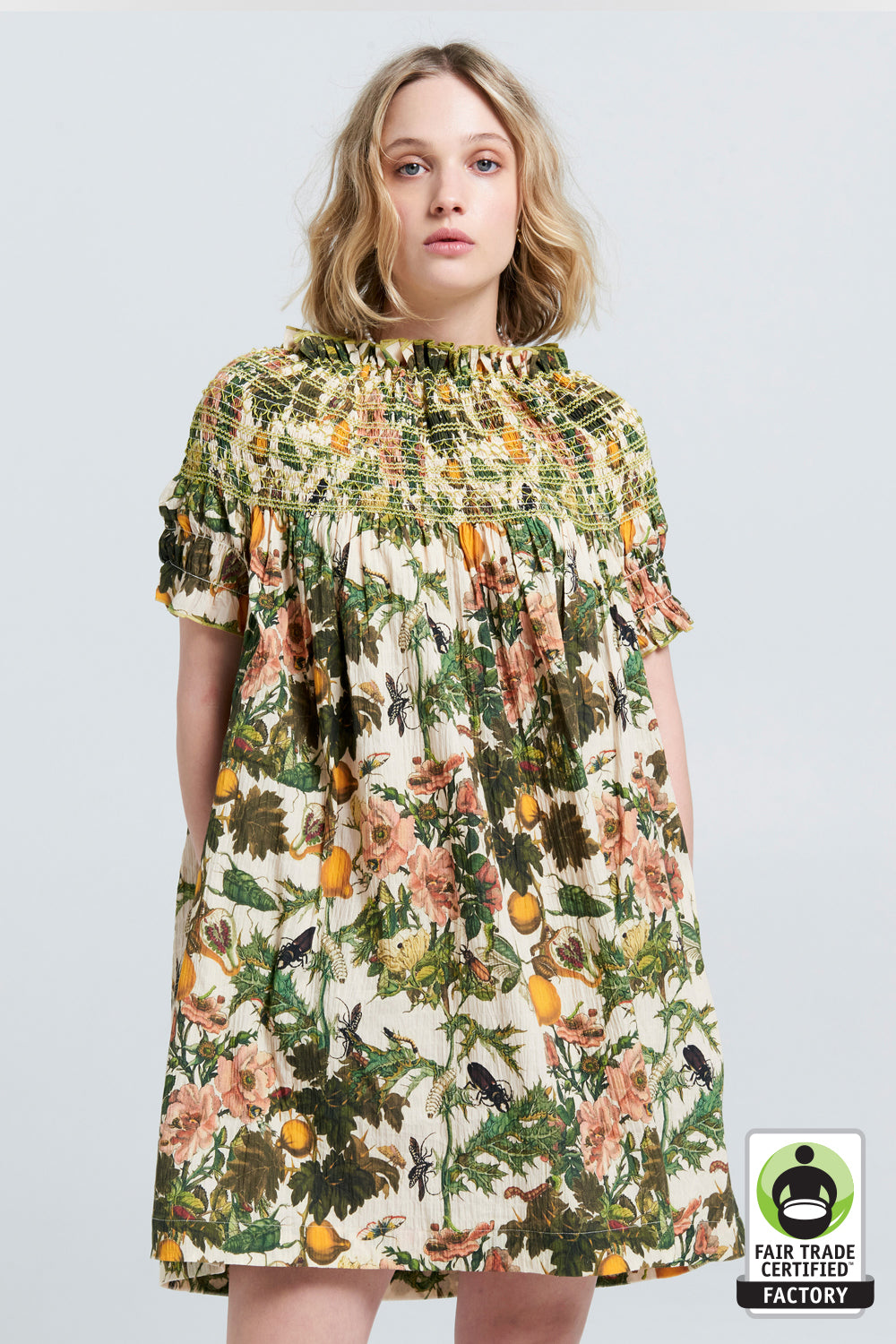 Gaia Smocked Mini Dress Macadamia Multi/Green Smocking