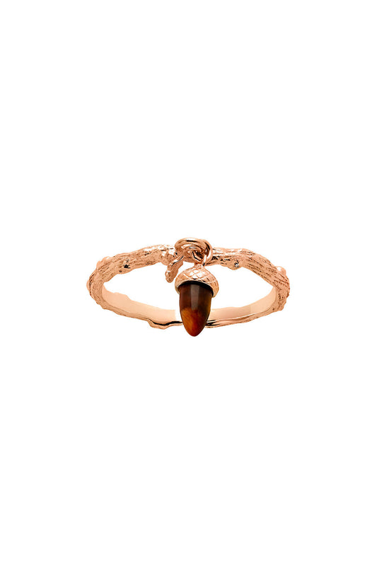 Micro Acorn and Leaf Charm Ring Rose Gold