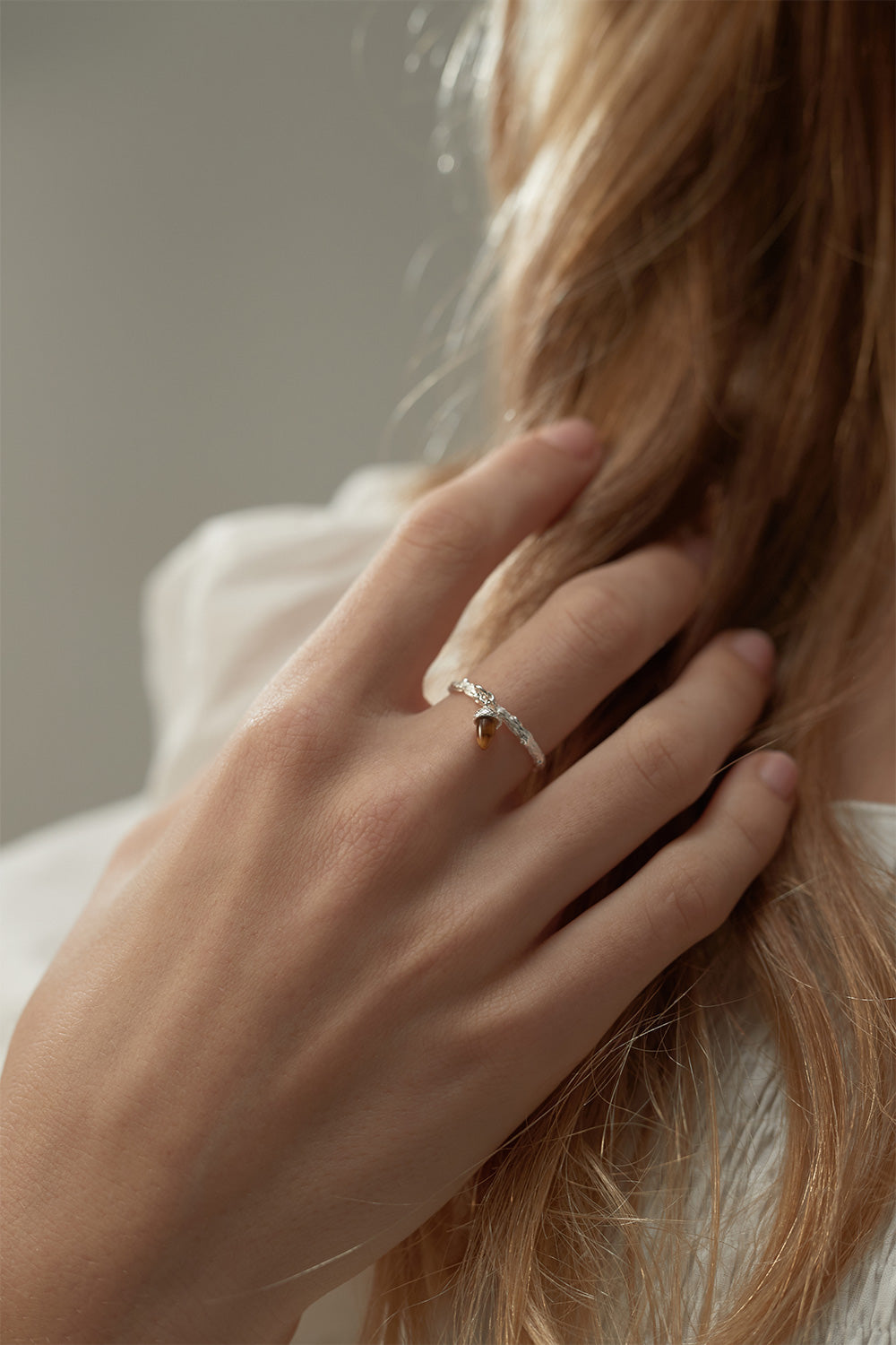 Micro Acorn and Leaf Charm Ring Rose Gold