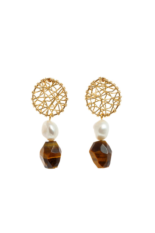 Stud Daydreamer Pearl and Tiger's Eye Earrings