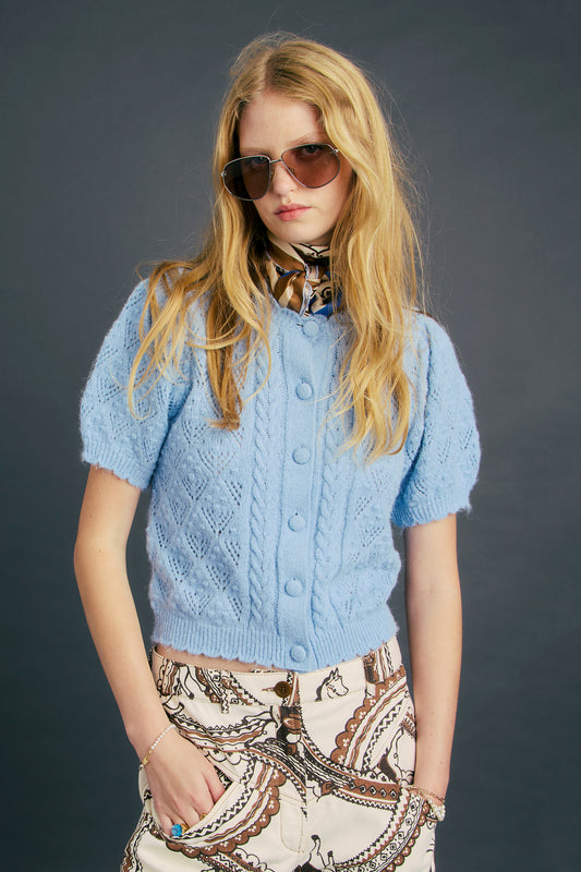 Pauline Pointelle Shortsleeve Cardigan Glacier Lake