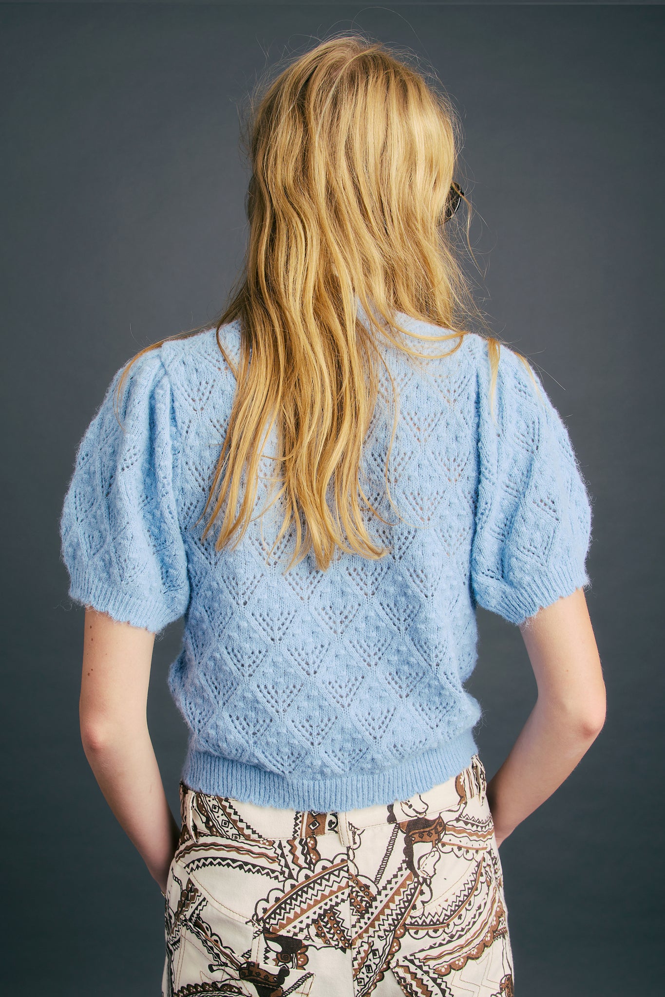 Pauline Pointelle Shortsleeve Cardigan Glacier Lake