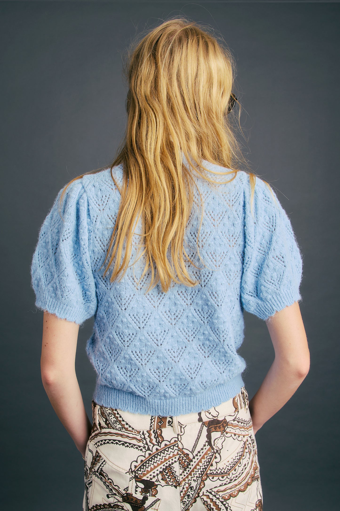 Pauline Pointelle Shortsleeve Cardigan Glacier Lake