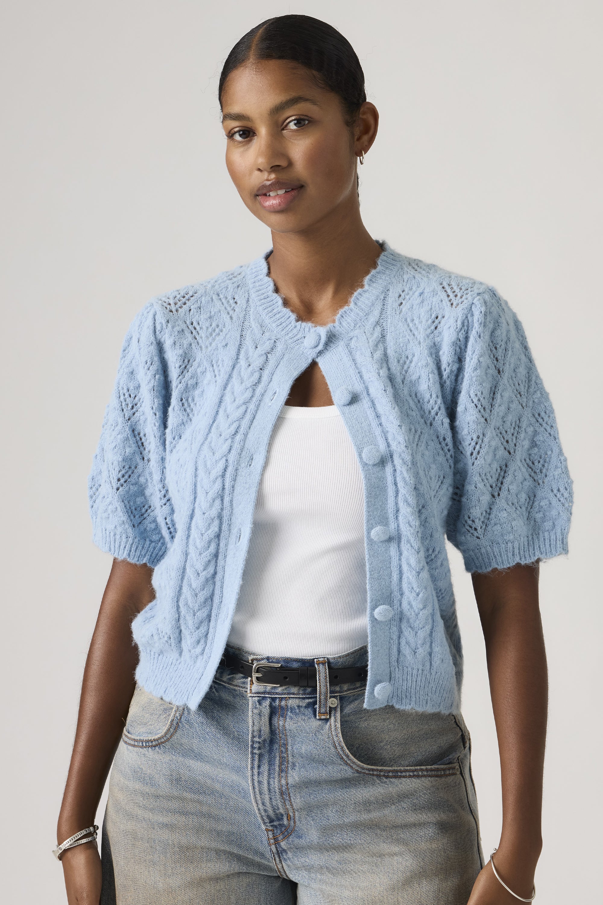 Pauline Pointelle Shortsleeve Cardigan Glacier Lake – Karen Walker