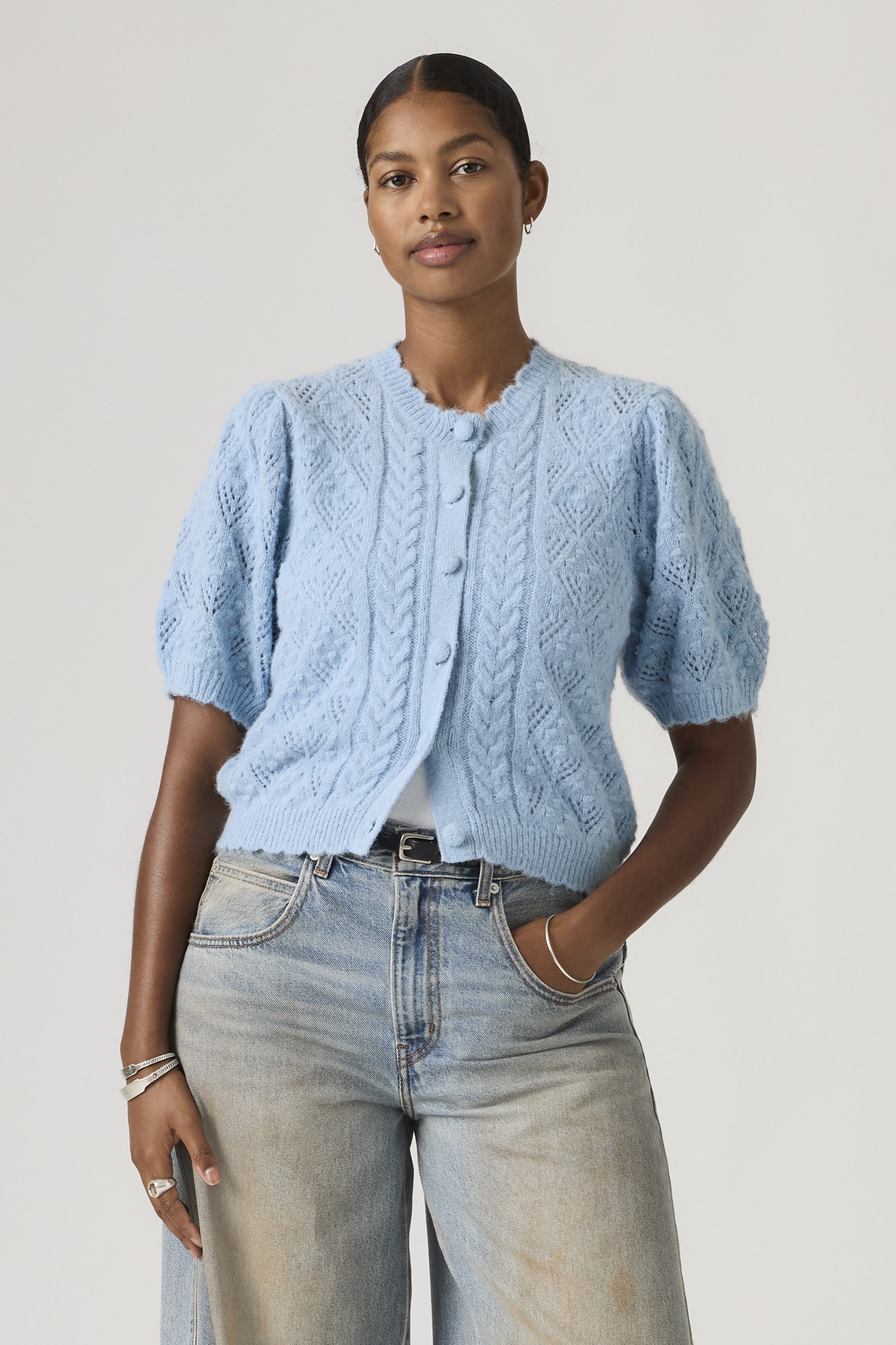 Pauline Pointelle Shortsleeve Cardigan Glacier Lake – Karen Walker