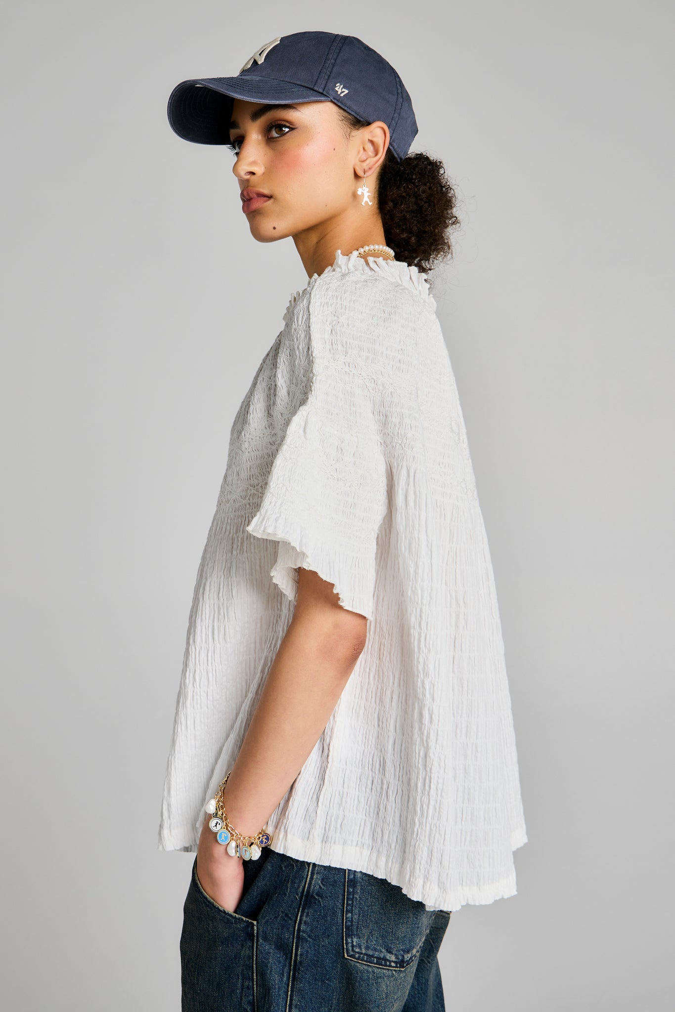 Theia Smocked Blouse Off-White/White Smocking