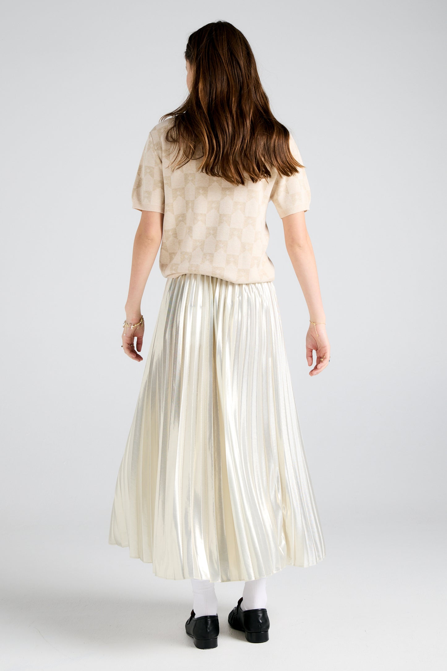 Metallic Sunray Pleated Skirt Cream