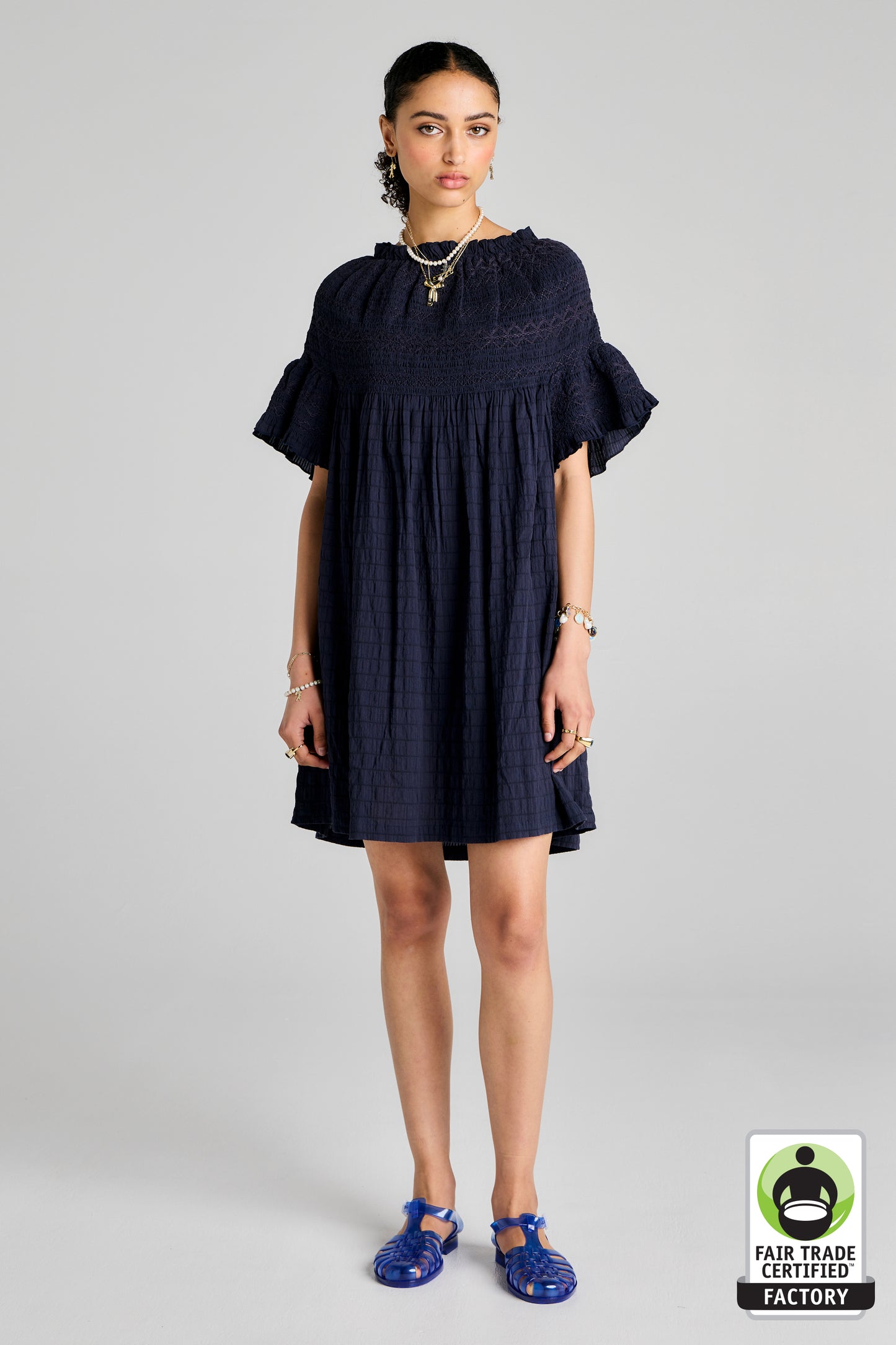 Theia Smocked Mini Dress Navy/Navy Smocking
